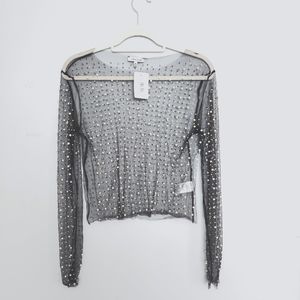Black, White Birch, Mesh, Pearl Beaded, Sheer, Layering Top, Medium, NWT